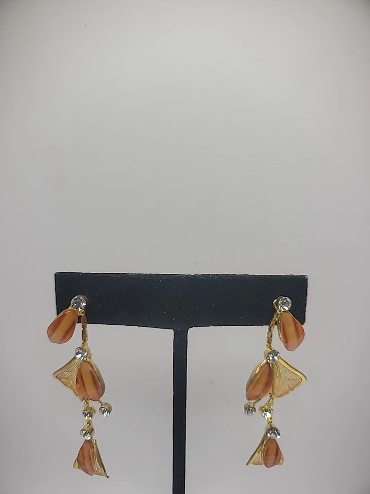 Pendientes Vintage Perforados Amarillo Naranja Malla Cristales Blancos Joyería Disfraz Foto 1 de 4