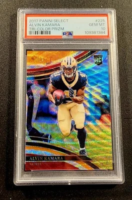 2017 Panini Select Field Level Tri-Color Prizm #225 Alvin Kamara 39/99 RC PSA 10 - Image 1 of 2
