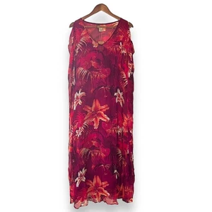 Lucky Brand Maya Tropical Kaftan Maxi Dress Size XS Red Sheer Two Piece - Picture 1 of 13