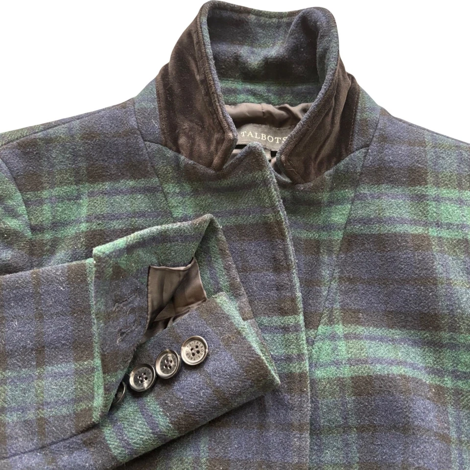 Blazer reloj Talbots negro para mujer 4 verde azul cuello de terciopelo a cuadros Foto 1 de 4