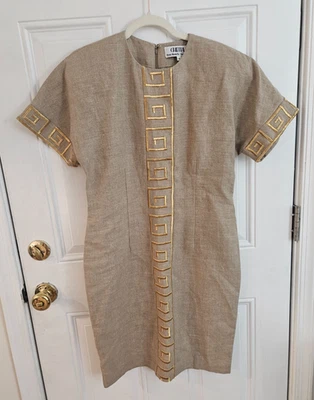 Vestido de lino neutro Chetta B vintage años 80 con bordado metálico dorado, talla 8, EE. UU. Foto 1 de 4