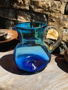 Vintage Mexican Hand Blown Cobalt Blue Ombre Glass Pitcher woth Applied Handle - Picture 1 of 8