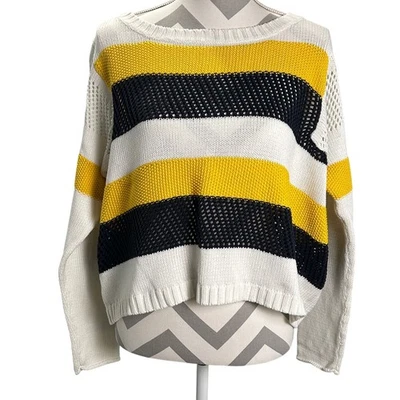 Vintage Havana Womens M Cropped Striped Knit Pullover Sweater Yellow Navy White - Image 1 of 4