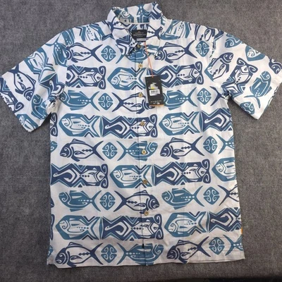 New Quicksilver Waterman Shirt Medium Comfort Fit White Blue Fish Print Button  - Image 1 of 4