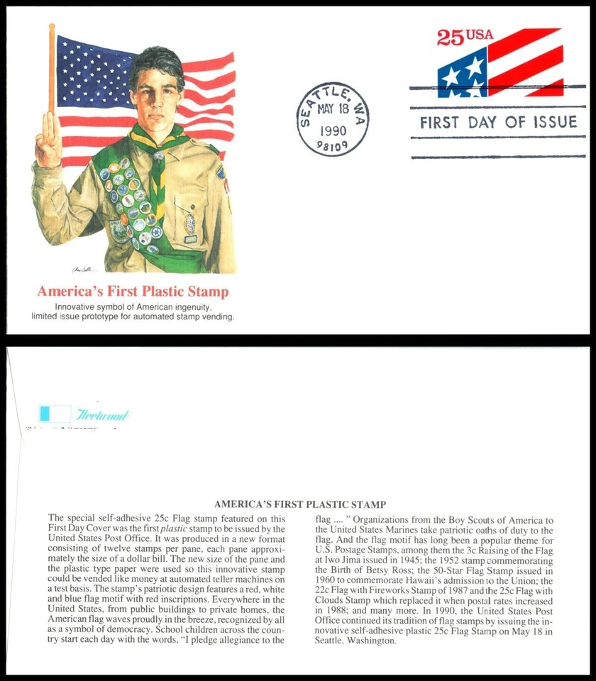 1990 First Plastic Stamp Sc 2475 FDC Fleetwood Eagle hologram innovation polymer - Image 1 of 1