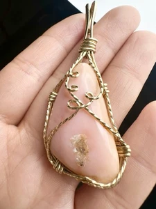 Gold Plated Wire Pink Opal Cabochon Pendant - Picture 1 of 6