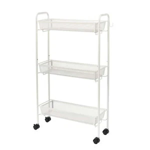 Slim 3-Shelf Rolling Bathroom Organization Cart with 2 Hooks, White - Picture 1 of 12