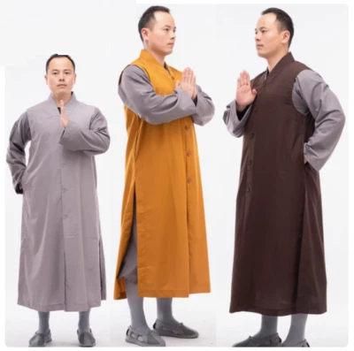 Men Women Shaolin Buddhist Monk Cotton Robes Lay Meditation Gown Long Vest - Image 1 of 4