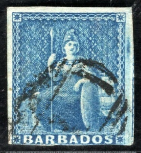 BARBADOS QV Stamp SG.3 (1d) Blue Imperf BRITANNIA Used Cat £190- YBLUE148 - Picture 1 of 6