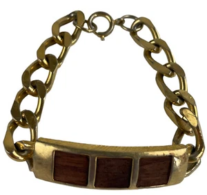 Vintage ID Bracelet Men's or Ladies 8” Identity Faux Wood grained Gold Toned - Picture 1 of 8