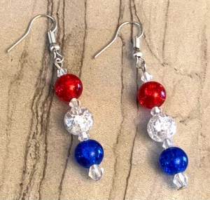 "Pendientes de gancho de gota de vidrio crujido patriótico 4 de julio rojo blanco azul 2 1/4" - Imagen 1 de 3