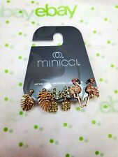 Minicci Gold Tone Stud Back Earrings 3 Pair Leaves Pineapples Flamingos Rhinesto