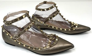 Valentino Garavani Size 38 Bronze Leather RockStud Caged Ballerina Flats ~Flaws - Picture 1 of 24