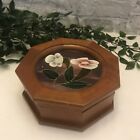 wooden Vintage Jewellery Box Pink Velvet Interior Stained Glass Top Flowers,