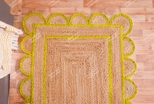 Beige Jute Rug With Yellow Border Scalloped Jute Rug, Large Area Rug Braided Rug - Picture 1 of 4