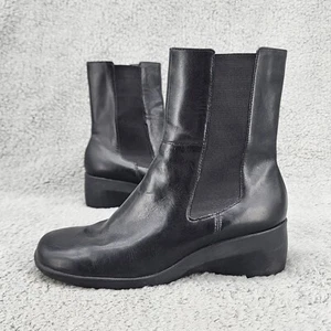 Vintage Bass Womens Wedge Chelsea Boots 7 M Black Leather Pull On Y2K Retro - Picture 1 of 11