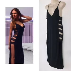 Black Side-Split Lingerie Gown Strappy Open Lace Exotic Clubwear Stripper Dress - Picture 1 of 8