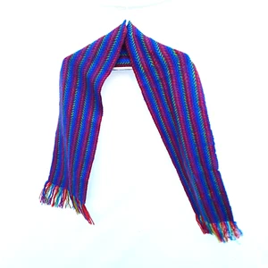 Women's Peruvian 100% Alpaca Wool Blue Rainbow Fringed Striped Scarf - Picture 1 of 12