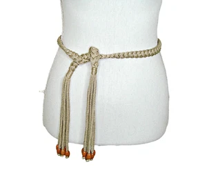 Braided Fringe Beaded Boho Waist Belt Beige Brown Thin Dress Macrame Rope Gypsy - Picture 1 of 9
