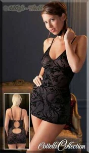 Lencería - Terciopelo Estampado Flocado Negligé Mini Vestido Negro - Imagen 1 de 2