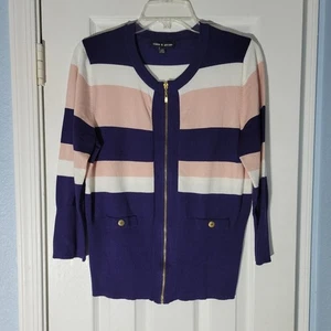 Cable And Gauge Sweater Large Blue Pink White Cardigan Colorblock Gold Zipper - Picture 1 of 7