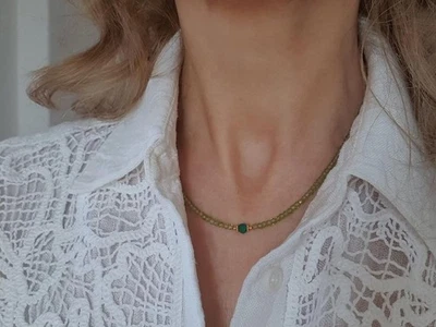 A+++ Dainty 2-3MM Peridot & Emerald Faceted Round Gemstone Beads Necklaces 18'' - Image 1 of 4