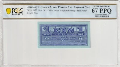 Alemania 1942 1 Reichspfennig Certificado PCGS Billete UNC 67 PPQ Pick M32 Segunda Guerra Mundial Foto 1 de 2