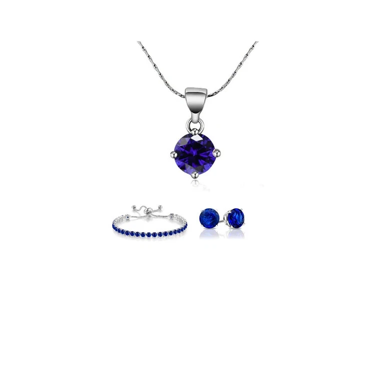 10k White Gold 6Ct Round Created Blue Necklace, Earrings, Bracelet Set Plated - Image 1 of 1