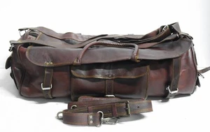 Natural Waxed Vintage Genuine Leather 24" Rugged 2 Strap Shoulder Duffle Bag - Picture 1 of 9