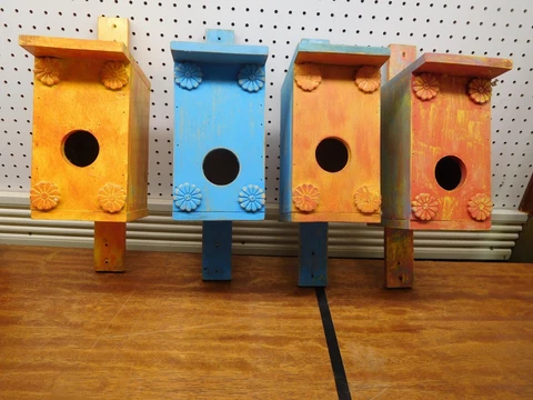 4 Colorful Made in USA Bird Houses ~ Orange, Yellow, Blue Cover