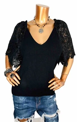 Blusa Express L Top Elastizada Nueva con Etiquetas Negra Corte Bajo en V Bordada Flutter Codo Slvs Foto 1 de 4