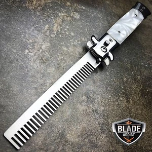 Automatischer Druckknopf Klappkamm Switchblade Messer Look Brush Weiß Wirbel - Bild 1 von 4