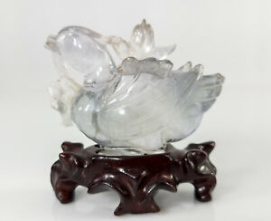Antique Chinese Carved Fluorite Stone Sung Style Duck on Wooden Base Stand
