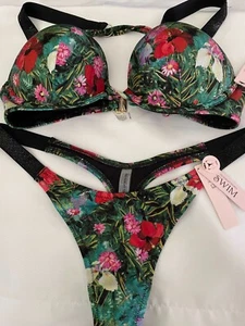 Victoria Secret swim Set 36B swimsuit bikini Thong sz M shine strap Bombshell - Picture 1 of 10