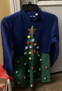 Women Medium Mighty Fine Nwt Xmas Tree Blue Green Tree Pom Pom Sweatshirt Dress - Picture 1 of 5