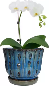 6 Inch round Ceramic Orchid Pot with Holes Orchid Planter (Dark Blue) - Picture 1 of 9