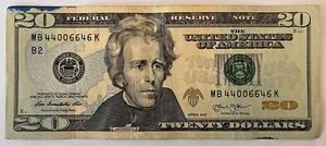 $20 Twenty Dollar Note MB 44006646 K ~ TRINARY ~ Series 2013 Fancy Serial Number - Picture 1 of 7