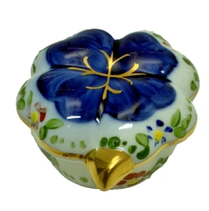 Aveiro Portugal Trinket Box Hand Painted Porcelain Floral Lid Blue Gold Trim - Picture 1 of 6