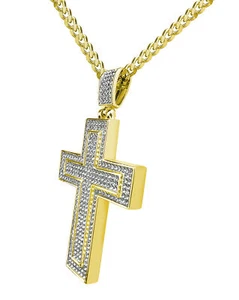 18"- Stainless Steel 9mm Gold Cuban Curb Chain BIG ICY CZ Cross Pendant*IP20 - Picture 1 of 6