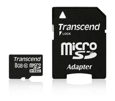 8GB Transcend microSDHC CL10 high-speed memory card with SD adapter - Image 1 of 3