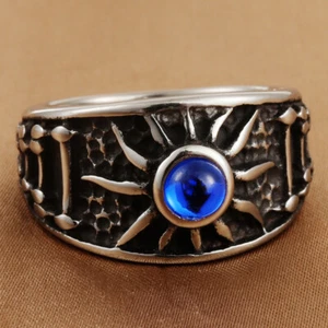 Vintage Blue Stone Sun Totem Wedding Ring Stainless Steel Retro Ring Size 7-13 - Picture 1 of 3