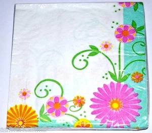36pc 2ply Beverage Paper Napkins Birthday Flowers Floral Party Aqua Green Border - Picture 1 of 1