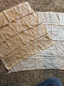 Lot Of 2 Vintage Tan Silk Scarfs Liberty Of London Baar & Beards Floral Stripes - Picture 1 of 9