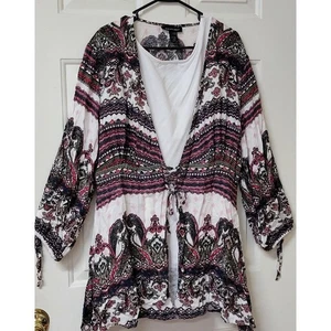 Ashley Stewart Boho Criss Cross Tie Front Top Blouse 18/20 Burgundy Black Green  - Picture 1 of 5