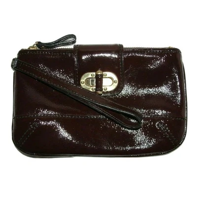 ANN TAYLOR Purse Brown Patent Gold-tone Turnlock Zippered Wristlet Clutch Case - Image 1 of 4