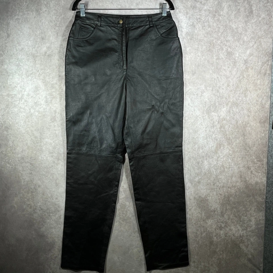 Pantalones de cuero estilo Metro para mujer 12T negros tobillo recto tiro alto motociclista Foto 1 de 4