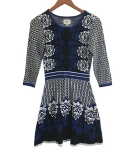 ECI NY Womens Patterned Sweater Dress  Fit & Flare Size Small Blue Black White - Picture 1 of 7
