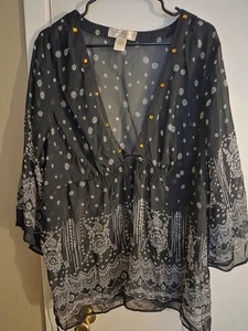 New York City Design Co. transparentes marineblaues Tunika-Top Größe 3X goldene Edelsteine am Ausschnitt zum Binden - Bild 1 von 8
