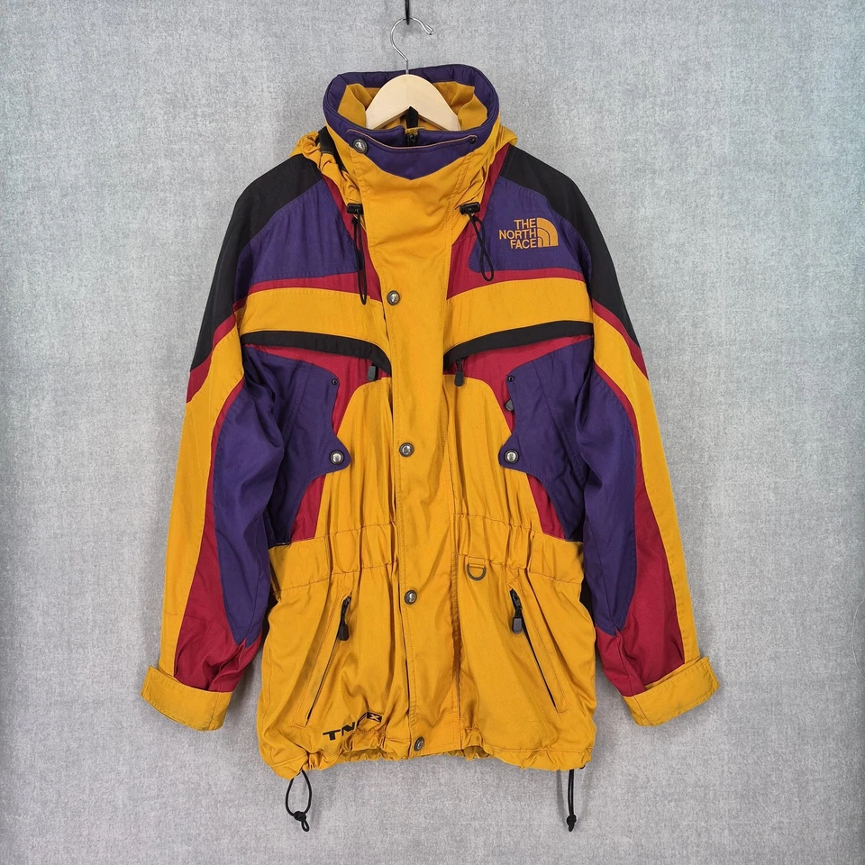 Jaqueta masculina vintage North Face amarela média roxa esqui colorblock anos 90 - Imagem 1 de 4