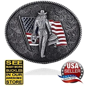 Western Cowgirl Rodeo Roper Silver Tone Cowboy Belt Buckle • American Flag - Picture 1 of 7